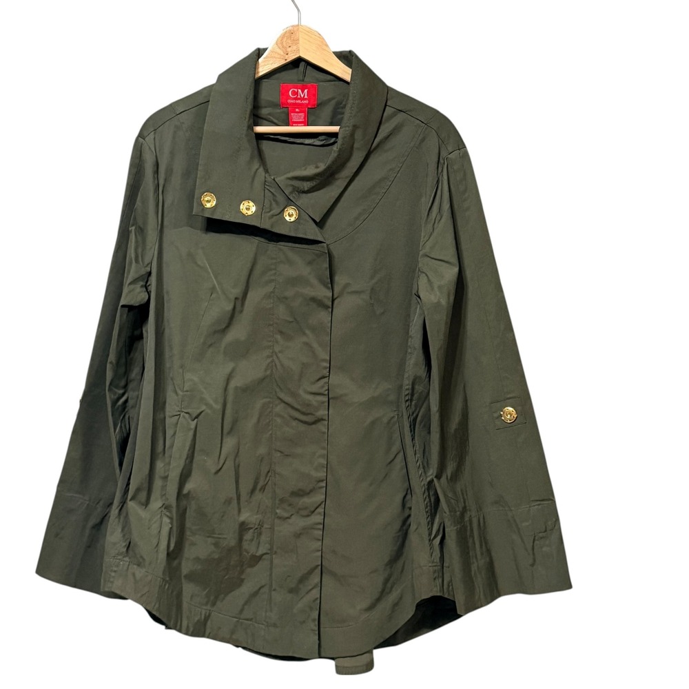 Ciao Milano Olive Green Asymmetrical Snap Front Utility Jacket Womens XL Gold